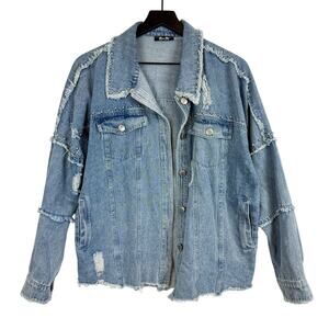 Miss Me Studded Distressed Oversized Denim Jacket Blue Cotton - M